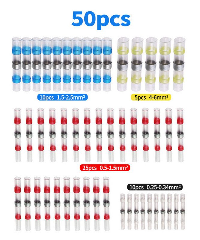 50kom/pakiranje Priključci za lemljene žice Vodootporni termoskupljajući čeoni konektori Priključci električnih žica Izolirani sučeoni spojevi A