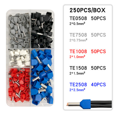Dvostruki žičani cijevni terminal TE0,5-6,0 mm 250/320/900 kom Kutijasta ferula izolirana stezaljkom za stezanje Komplet konektora