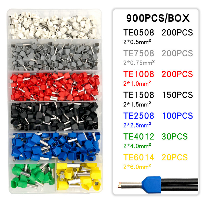 Dvostruki žičani cijevni terminal TE0,5-6,0 mm 250/320/900 kom Kutijasta ferula izolirana stezaljkom za stezanje Komplet konektora