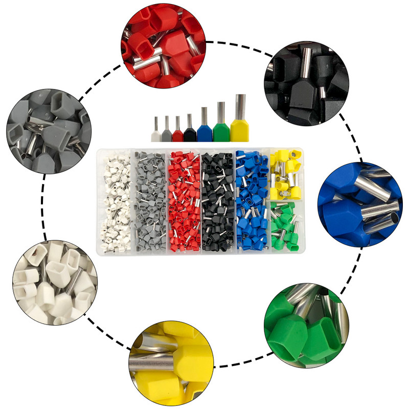 Dvostruki žičani cijevni terminal TE0,5-6,0 mm 250/320/900 kom Kutijasta ferula izolirana stezaljkom za stezanje Komplet konektora