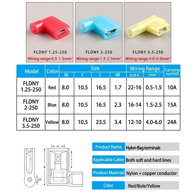 Izolēta neilona karodziņa 6,3 mm sieviešu karodziņa lāpstas stieples savienotāja saspiešanas spaile Ātrā stieples savienotāja gala slēdzis
