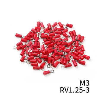 RV1.25 пръстенно изолиран конектор за кабели 100 бр. Червен 12-10 AWG електрически кабелни клеми за кримпване Костюм за 0,25-1,65 mm2 комплект