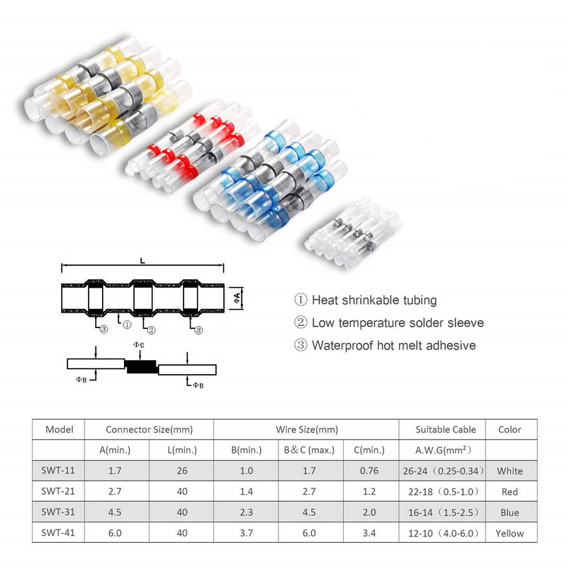 1000/500 gab. Ūdensnecaurlaidīgi termiski saraušanās kontaktvadu savienotāji konservēti vara lodēšanas blīvējuma vadu spailes termiskās saraušanās uzmavas savienojums