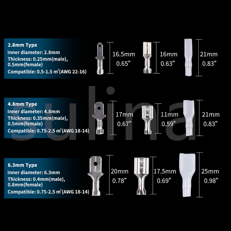 150/210/270KOM Izolirani muški ženski konektor za žicu 2,8/4,8/6,3 mm stezaljke za stezanje električne žice Spajasti konektori Razni komplet
