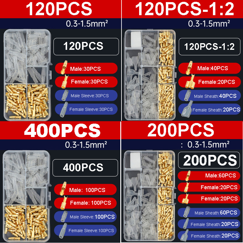 120/200 komada Kutija 1 do 2 3,5 mm mjedeni terminal konektora s mecima, muški i ženski s poklopcem, priključak, električna žica za automobil