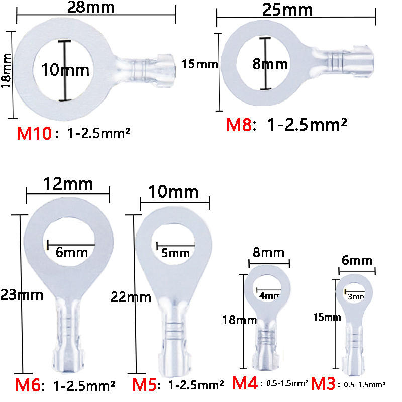 150/300/450KOM M3/M4/M5/M6/M8/M10 Prstenaste ušice Oči Bakreni spojni terminali Kabelska papučica Konektor za žice Neizolirani set asortimana