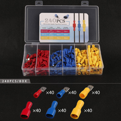 240PCS/u kutiji Mješovito pakiranje Razni izolirani metak/lopatasti set stezaljki za spajanje električnih žica Plavo Žuto Crveno