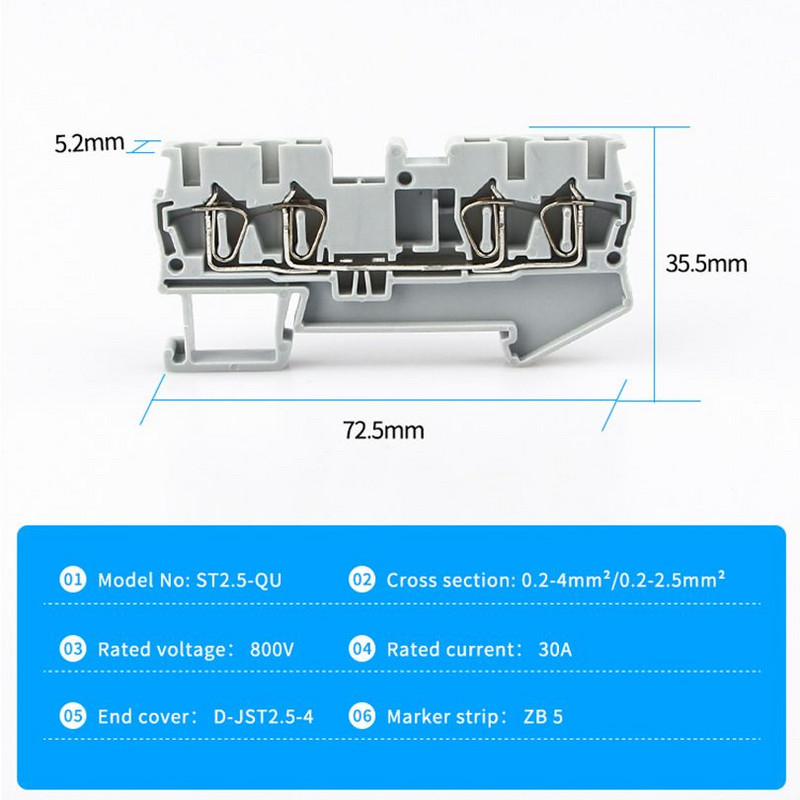 10 kom. Din rail terminalni blok ST-2.5-QUATTRO žičani konektori Povratni potezni tip 4 vodiča Stezaljni blokovi za opružno ožičenje