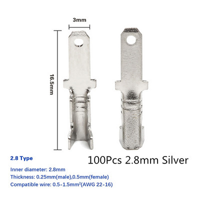 200kom Ženski stegnuti terminalni konektor 2.8/4.8/6.3mm Zlatni mesingani set konektora za električne žice za automobilske zvučnike 22-16 AWG
