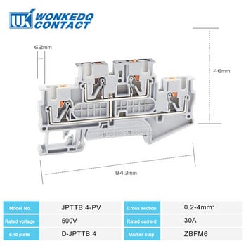 5Pcs PTTB 4-PV Equipotential Bonder 4 позиции Push-In PT 24-12 AWG кабелен конектор Електрически клемен блок за din релса PTTB4-PV