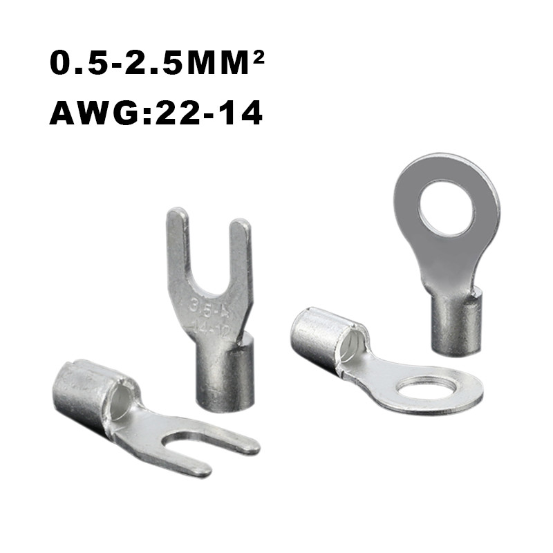 100 gab RNB SNB neizolētu gredzenveida dakšu U veida spaiļu sortimenta komplekta kabeļa vadu savienotāja gofrēti alvas misiņa spailes