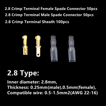 200Pcs 2.8 mm 4.8 mm 6.3 mm щепсел пружина женски мъжки лопата клеми за студено кримпване конектор автомобилен високоговорител комплект конектори за електрически проводници
