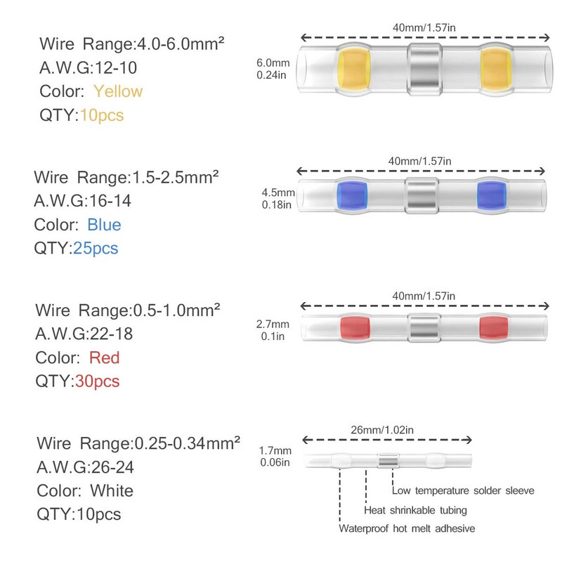 1200/800/50PCS Termoskupljajuće stezaljke za stezanje Vodootporno brtvljenje za lemljenje Električni priključci Spajanje žica Kabel Automobili Marine