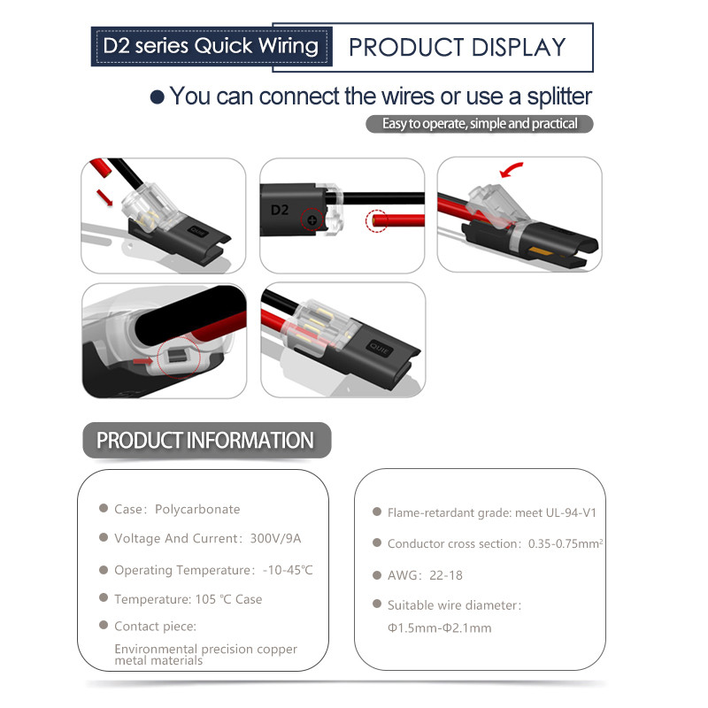 Kiirühendusega LED-juhtme ühendus 2 kontaktiga D/H/T tüüpi elektrikaabli pressklemmid autopistikutele, eemaldamata juhtmestik 22-18AWG