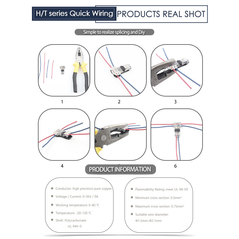 Kiirühendusega LED-juhtme ühendus 2 kontaktiga D/H/T tüüpi elektrikaabli pressklemmid autopistikutele, eemaldamata juhtmestik 22-18AWG