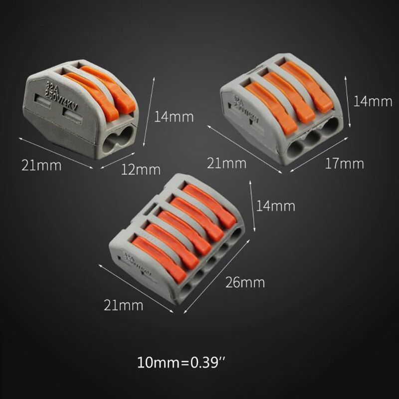 40 gab. 3 kontaktu 222-413 Universāls kompakto vadu vadu savienotājs vadu spaiļu bloks ar sviru AWG 28-12 pelēka krāsa