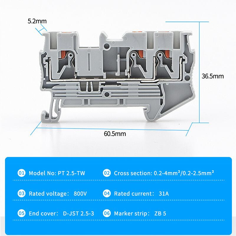 Priključni blok Montaža na din šinu PT 2,5-dvostruki 3 vodiča Push in Opruga Uvlačenje kroz žicu bez vijaka 10 kom žica konektor