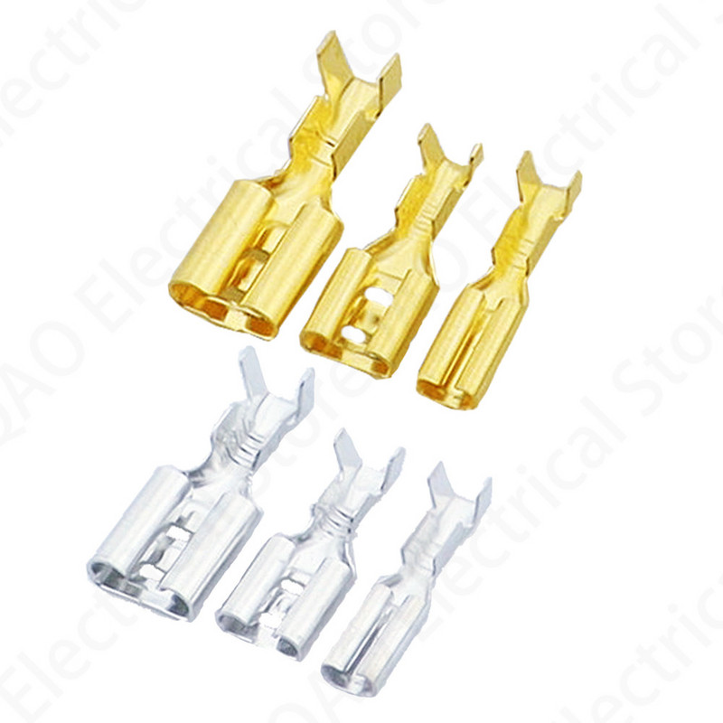 100 tk/partii 2,8/4,8/6,3 mm emane ja isane pressklemmliides Kuldne messing/hõbedane autokõlari elektrijuhtmete pistikute komplekt