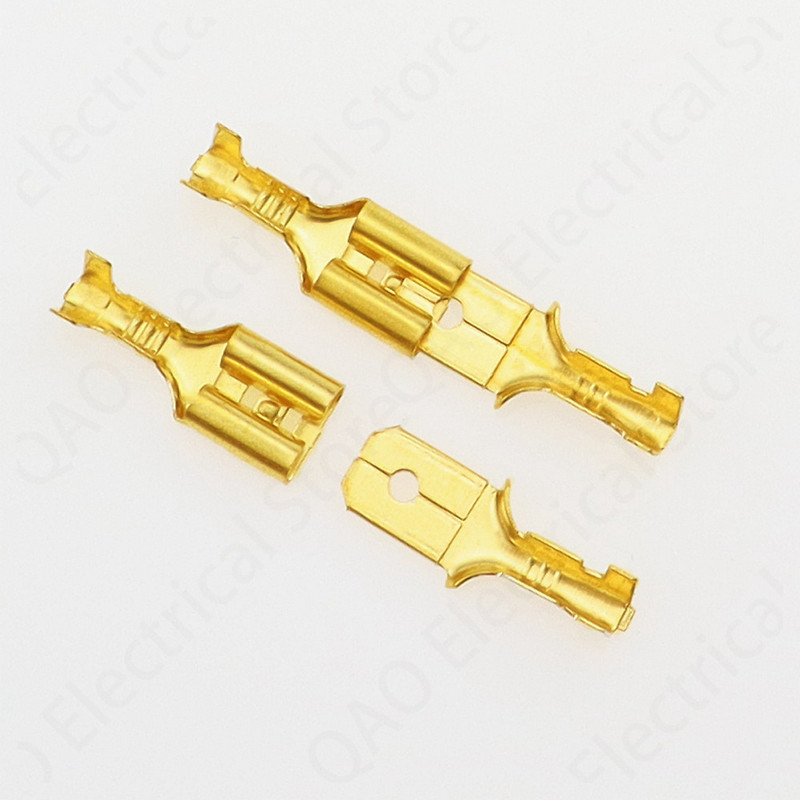 100 tk/partii 2,8/4,8/6,3 mm emane ja isane pressklemmliides Kuldne messing/hõbedane autokõlari elektrijuhtmete pistikute komplekt