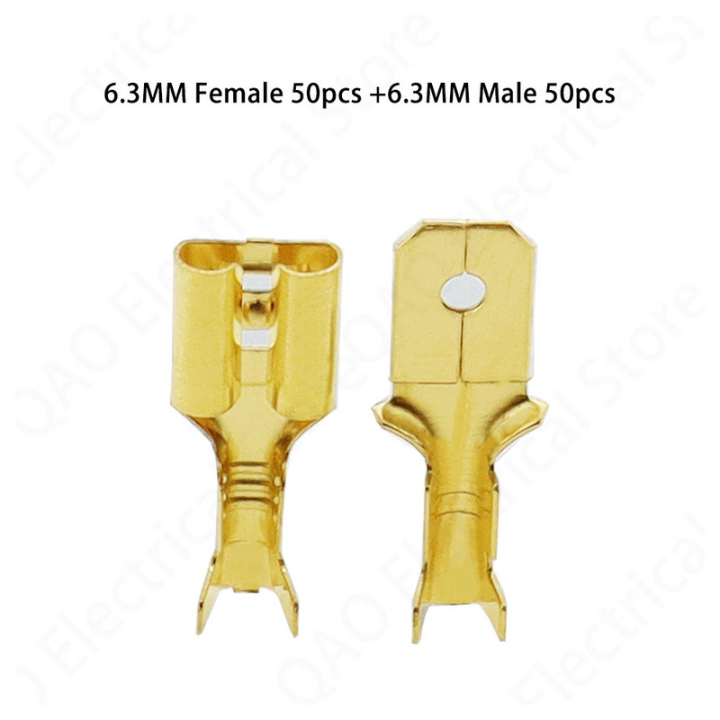 100 tk/partii 2,8/4,8/6,3 mm emane ja isane pressklemmliides Kuldne messing/hõbedane autokõlari elektrijuhtmete pistikute komplekt