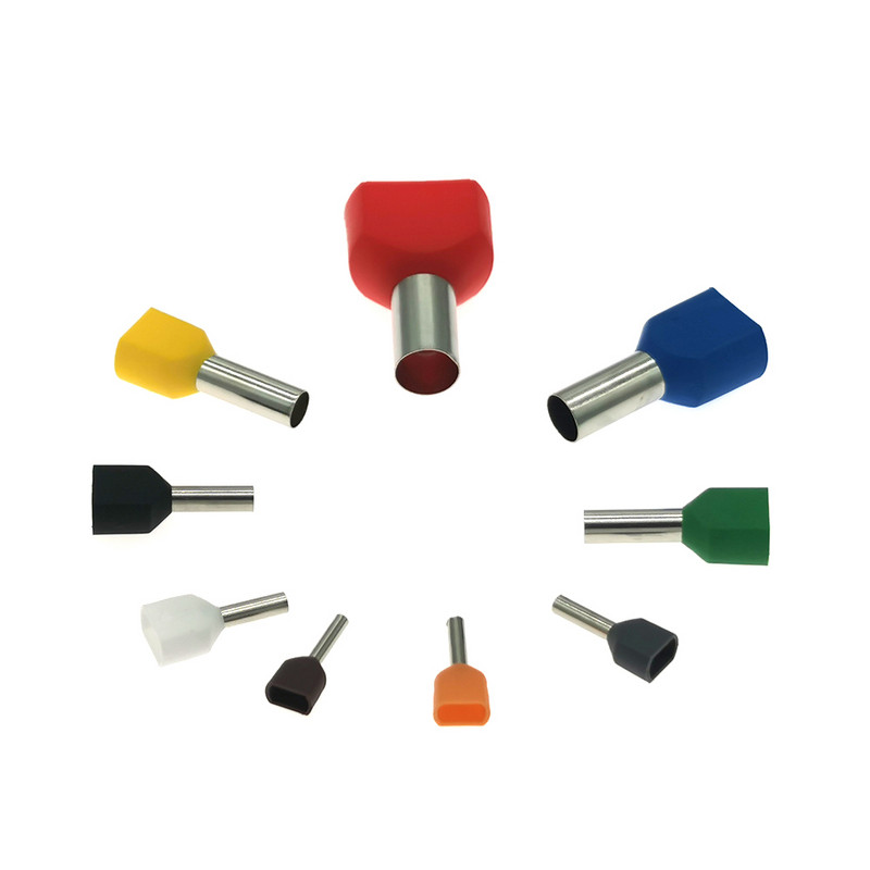 50 gab. Divu vadu cauruļu iepriekš izolēti vada gala gofrēšanas spailes TE0508~7512 Elektrisko kabeļu uzgaļi Vara 22-20AWG 0,5-0,75 mm²