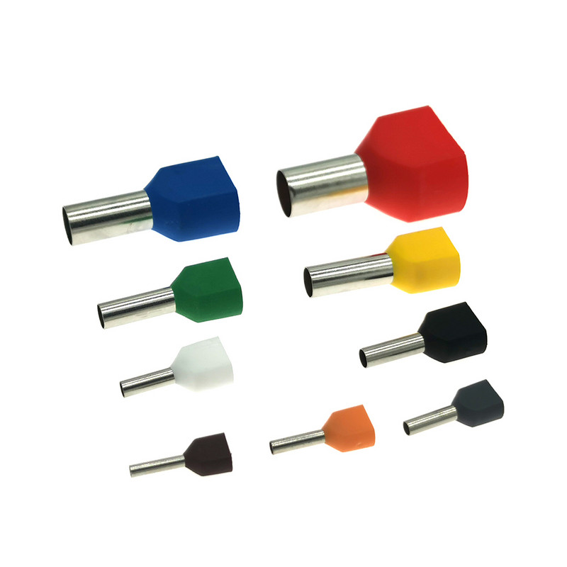 50 gab. Divu vadu cauruļu iepriekš izolēti vada gala gofrēšanas spailes TE0508~7512 Elektrisko kabeļu uzgaļi Vara 22-20AWG 0,5-0,75 mm²