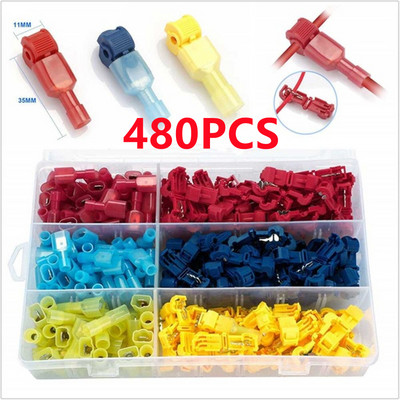 90/480pcs T Τύπος βρύσης Ακροδέκτης ηλεκτρικής σύνδεσης Γρήγορη σύνδεση ηλεκτρικών καλωδίων Snap Splice Lock Wire Terminal Crimp Splice