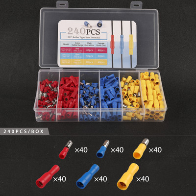 Upakovano u kutiju od 240 KOM Spade bullet Crimp terminals Izolirani kabelski konektor Električna žica PVC muški ženski set spojnih terminala