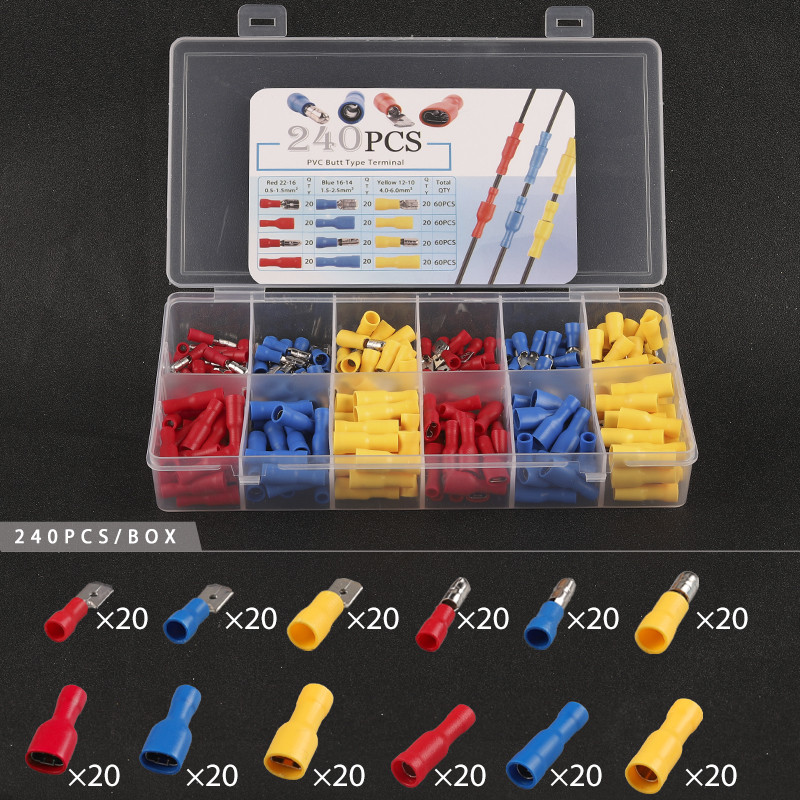 Upakovano u kutiju od 240 KOM Spade bullet Crimp terminals Izolirani kabelski konektor Električna žica PVC muški ženski set spojnih terminala