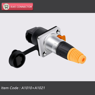  8p8c RJ45 vodootporni konektor, narančasti i crni, montaža na ploču + žičani konektor, RJ45 Ethernet/mrežni konektor, IP65 razina