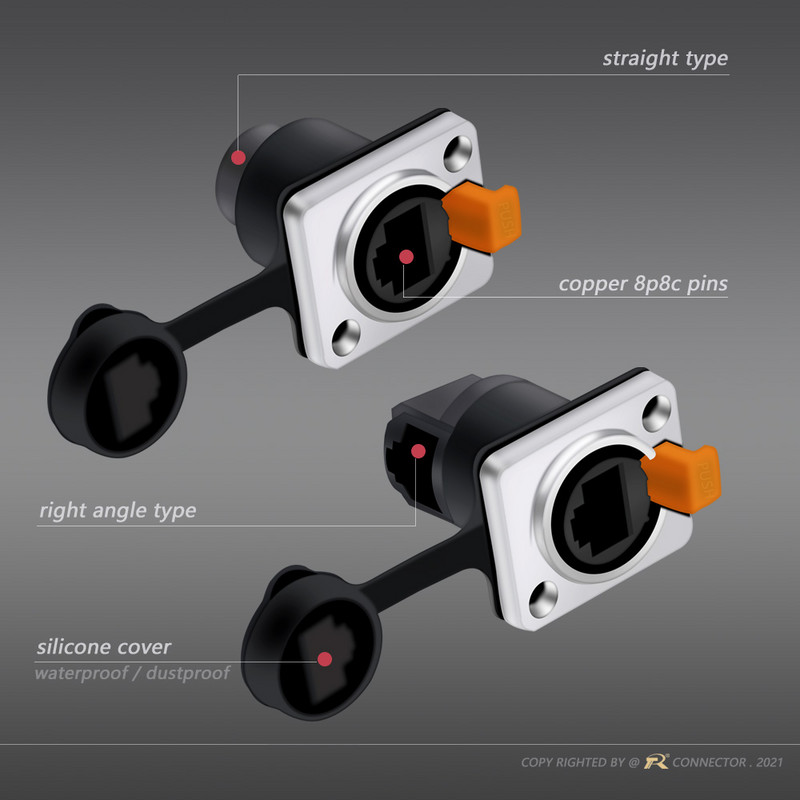  8p8c RJ45 vodootporni konektor, narančasti i crni, montaža na ploču + žičani konektor, RJ45 Ethernet/mrežni konektor, IP65 razina