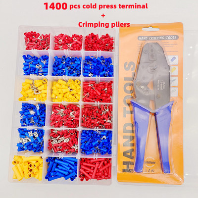 1400 gab. kastītē, izolēts vīrišķais vadu savienotājs, gofrēšanas terminālis + knaibles, elektriskās stieples gofrēšanas velmējums, gredzenveida dakšu komplekts, rokas instruments