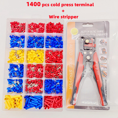 1400 gab. kastītē, izolēts vīrišķais vadu savienotājs, gofrēšanas terminālis + knaibles, elektriskās stieples gofrēšanas velmējums, gredzenveida dakšu komplekts, rokas instruments