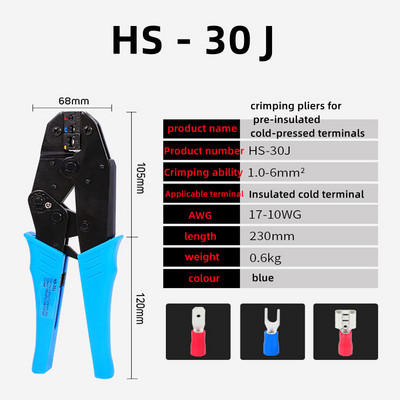 1400 gab. kastītē, izolēts vīrišķais vadu savienotājs, gofrēšanas terminālis + knaibles, elektriskās stieples gofrēšanas velmējums, gredzenveida dakšu komplekts, rokas instruments