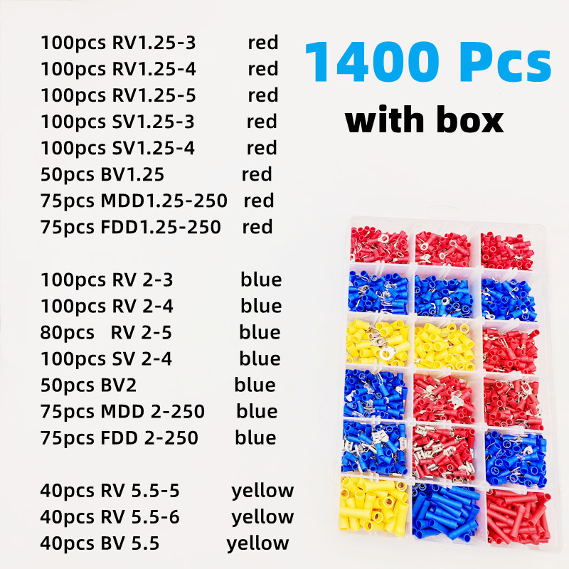 1400 gab. kastītē, izolēts vīrišķais vadu savienotājs, gofrēšanas terminālis + knaibles, elektriskās stieples gofrēšanas velmējums, gredzenveida dakšu komplekts, rokas instruments