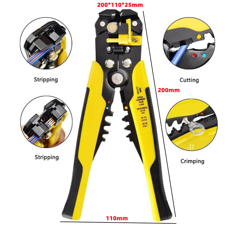 1400 gab. kastītē, izolēts vīrišķais vadu savienotājs, gofrēšanas terminālis + knaibles, elektriskās stieples gofrēšanas velmējums, gredzenveida dakšu komplekts, rokas instruments