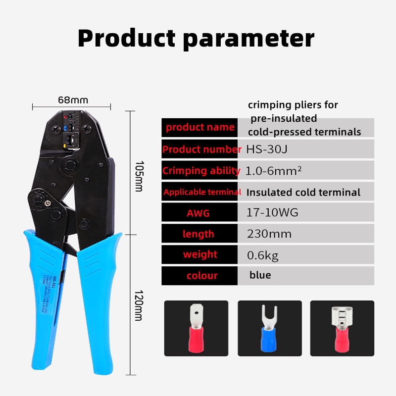 1400 gab. kastītē, izolēts vīrišķais vadu savienotājs, gofrēšanas terminālis + knaibles, elektriskās stieples gofrēšanas velmējums, gredzenveida dakšu komplekts, rokas instruments