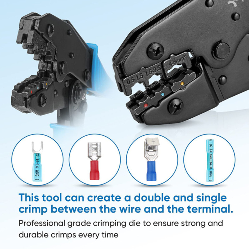 1400 gab. kastītē, izolēts vīrišķais vadu savienotājs, gofrēšanas terminālis + knaibles, elektriskās stieples gofrēšanas velmējums, gredzenveida dakšu komplekts, rokas instruments