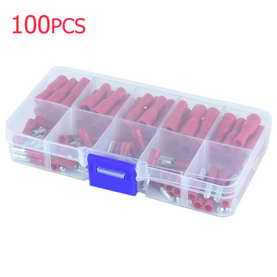 100 gab. Sieviešu un vīriešu gofrētā ložu spailes spaiļu komplekts Automobiļu vadu savienotāju komplekts sarkanā zilā krāsā dzeltenā zaļā melnā krāsā