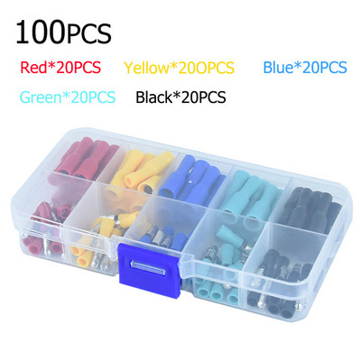 100 gab. Sieviešu un vīriešu gofrētā ložu spailes spaiļu komplekts Automobiļu vadu savienotāju komplekts sarkanā zilā krāsā dzeltenā zaļā melnā krāsā