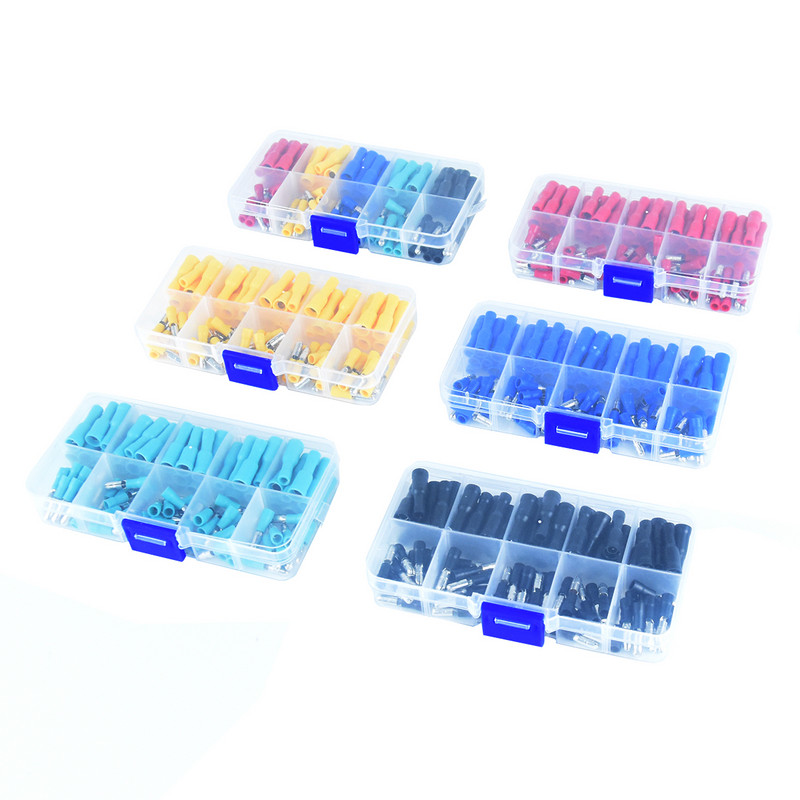 100 gab. Sieviešu un vīriešu gofrētā ložu spailes spaiļu komplekts Automobiļu vadu savienotāju komplekts sarkanā zilā krāsā dzeltenā zaļā melnā krāsā