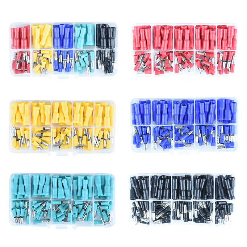 100 gab. Sieviešu un vīriešu gofrētā ložu spailes spaiļu komplekts Automobiļu vadu savienotāju komplekts sarkanā zilā krāsā dzeltenā zaļā melnā krāsā