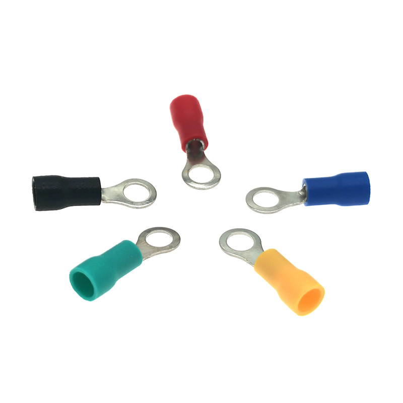 100 gab. Gredzenu izolēts gofrētais spailes elektrisko vadu kabeļa savienotājs RV1.25-3.2/3.5/4/5/6/8/10/12 uzgaļi 22-16AWG 0.5-1.5mm2