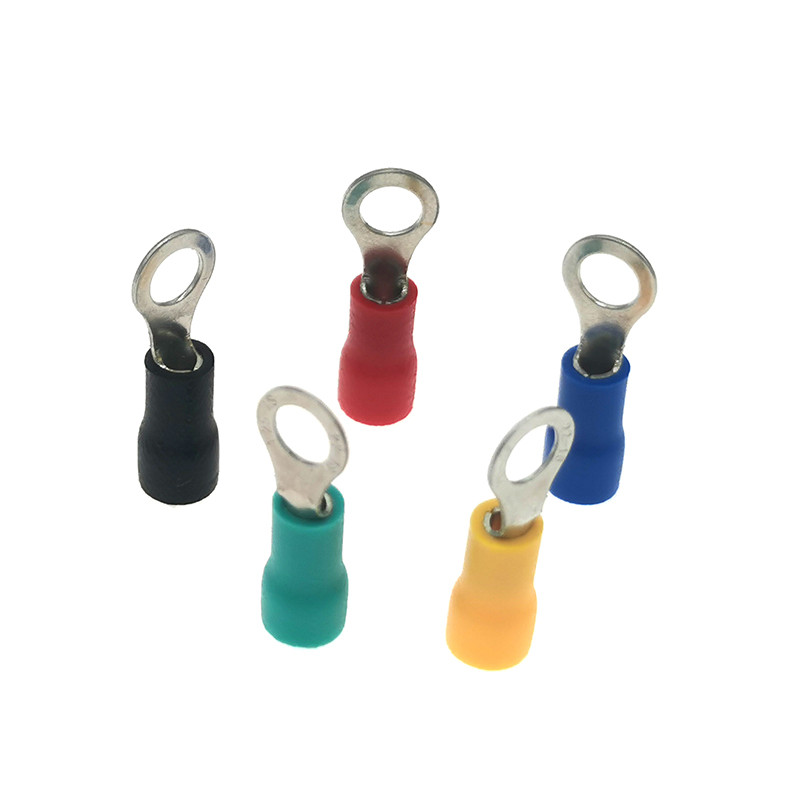 100 gab. Gredzenu izolēts gofrētais spailes elektrisko vadu kabeļa savienotājs RV1.25-3.2/3.5/4/5/6/8/10/12 uzgaļi 22-16AWG 0.5-1.5mm2