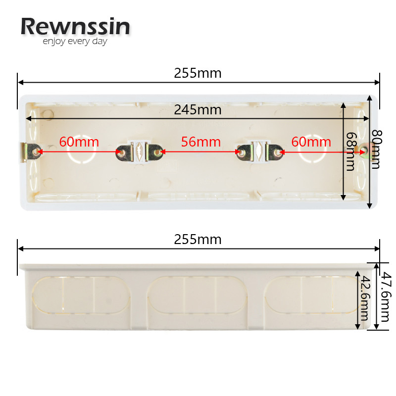 Visokokvalitetna plastična unutarnja kutija Montažna kutija za zidnu ugradnju 258mm*86mm Tamna kutija, kućna razvodna kutija s trostrukim prekidačem