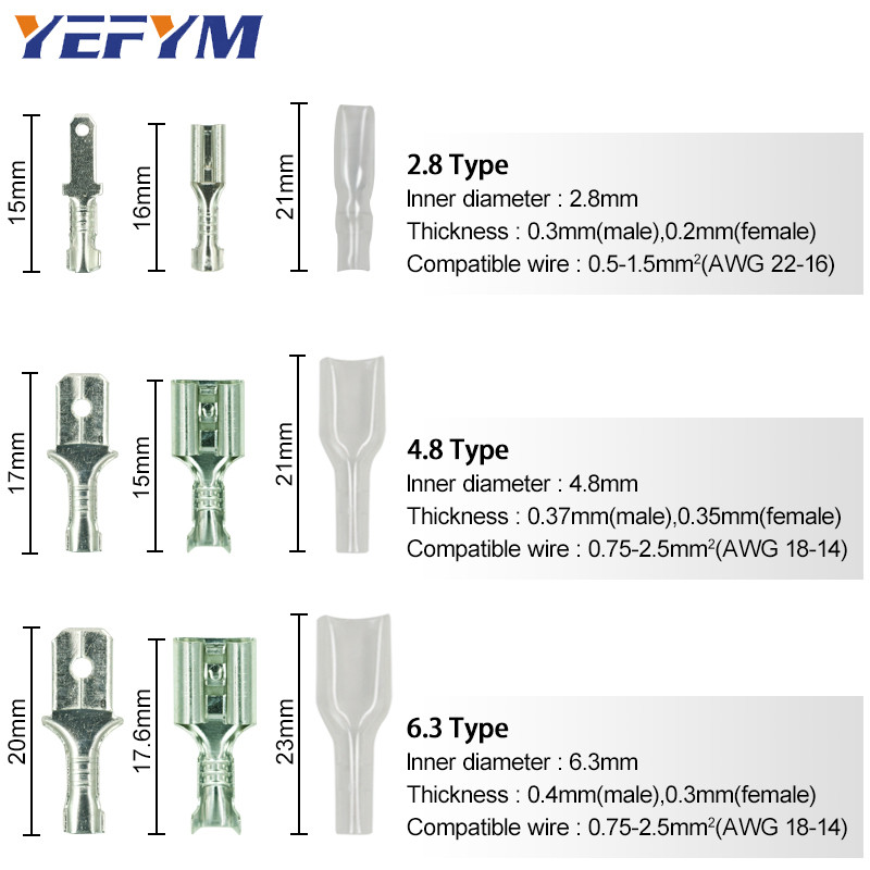 100Pcs/lot 2.8/4.8/6.3mm ženski i muški klempavi terminalni konektor Zlatni mesing/srebrni set konektora za električne žice automobila
