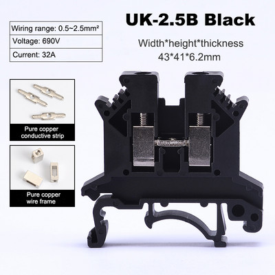 50/100Pcs UK-2.5B Din Rail Univerzalni terminalni blok Tip vijka Mjedena žica Kabel Električni konektor 32A 22-14AWG 0.5~2.5mm²