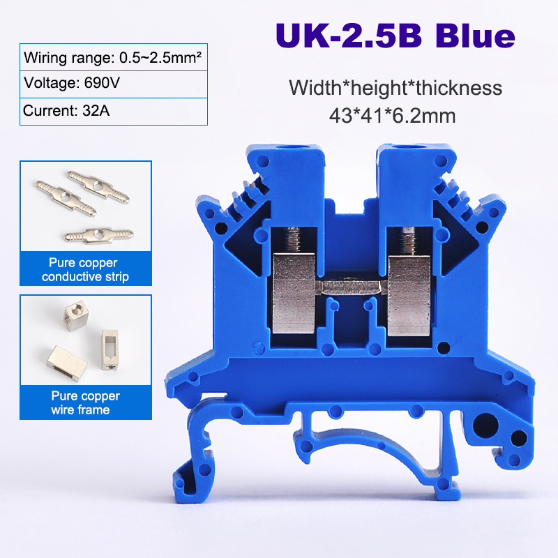 50/100Pcs UK-2.5B Din Rail Univerzalni terminalni blok Tip vijka Mjedena žica Kabel Električni konektor 32A 22-14AWG 0.5~2.5mm²