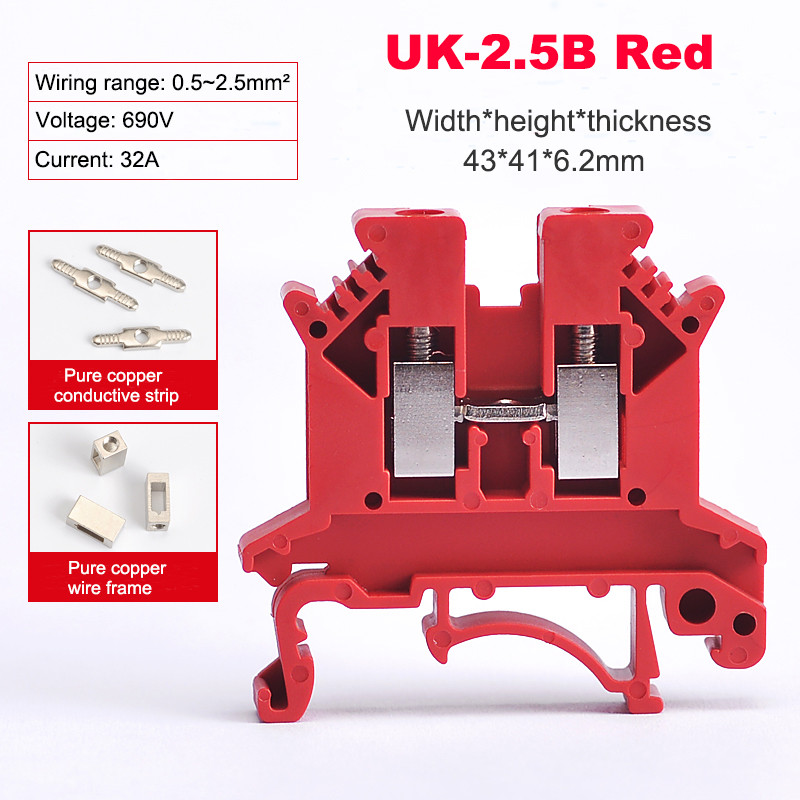 50/100Pcs UK-2.5B Din Rail Univerzalni terminalni blok Tip vijka Mjedena žica Kabel Električni konektor 32A 22-14AWG 0.5~2.5mm²