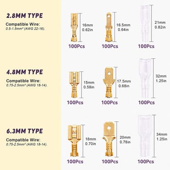 900 бр. Златни 2,8/4,8/6,3 мм мъжки и женски лопатовидни бързи съединители Клемен блок за пресоване на проводник с изолираща втулка за електрически